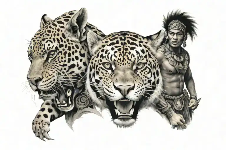mayan warrior with jaguar surrounded tattoo design idea