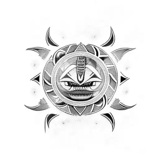 maori tattoo full sleeve with arrows, shark teeth, net, sun, sheels, hoock, hammerhead shark, octopus, eel tattoo design idea