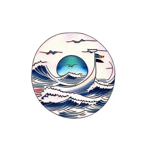 island with sunset and ocean waves tattoo design idea