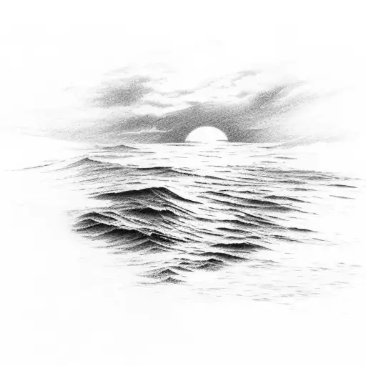island with sunset and ocean waves tattoo design idea