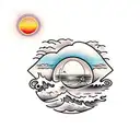island with sunset and ocean waves tattoo design idea