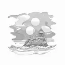 island with sunset and ocean waves tattoo design idea