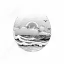 island with sunset and ocean waves tattoo design idea