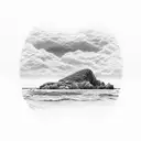 island with sunset and ocean waves tattoo design idea