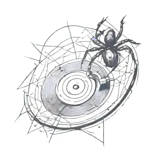 A sketch style tattoo of a spider spinning a vinyl record tattoo design idea
