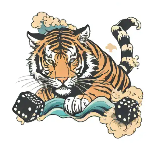 tiger, cards, dice, cloudes, waves crashing tattoo design idea