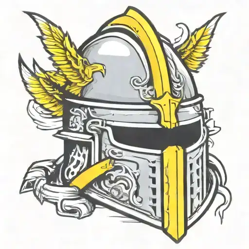 knight's helmet with a menacing cutout for the eyes, with a yellow ribbon on top of the helmet, battered helmet, cruel, Gothic tattoo design idea
