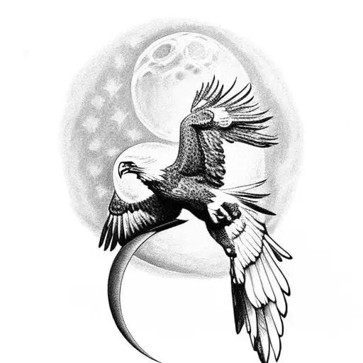 A black-grey tattoo of a majestic eagle perched on a crescent moon tattoo design idea