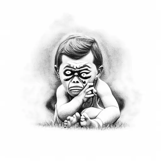 sad kid crying on the ground curled up. black and white. with a demonic theme for the background tattoo design idea