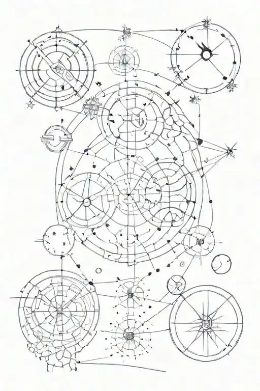 A tattoo design of a constellation map of the zodiac signs Sagittarius, Gemini, Aquarius, and Taurus, with each sign represented by their respective symbols, in a sketch style tattoo design idea