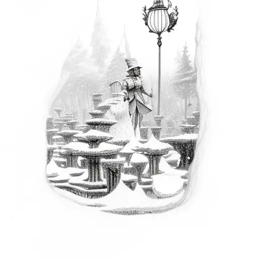 a open book one page has Narnia lampost scene other page has Alice in Wonderland scene tattoo design idea