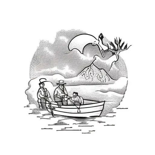 forst with pond in the middle with a boat fishing with a man and dog, add a fire pit tattoo design idea