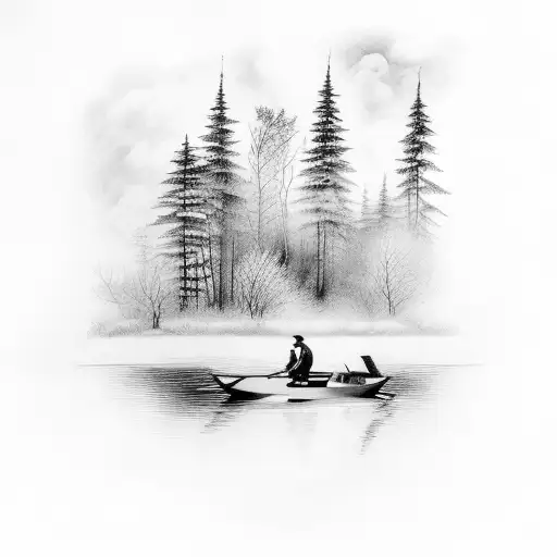 forst with pond in the middle with a boat fishing with a man and dog, add a fire pit tattoo design idea