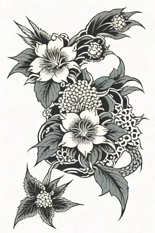 japanese style flower and spikes crossed tattoo design idea