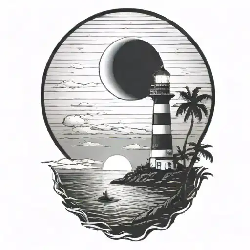 moon setting over the ocean black sky with palm trees dark in the foreground lighthouse in the background clouds in sky tattoo design idea