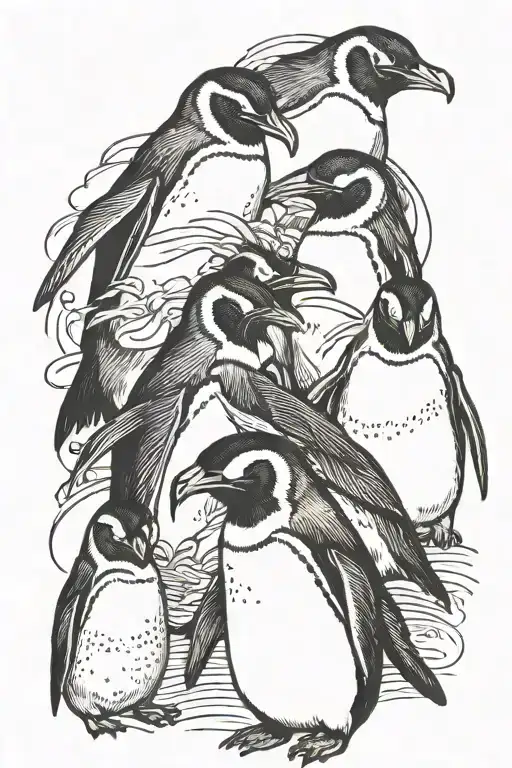 penguins with a puffin in gealic big 5 style tattoo design idea
