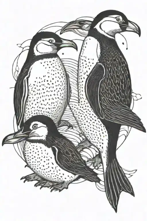penguins with a puffin separated by a cross tattoo design idea