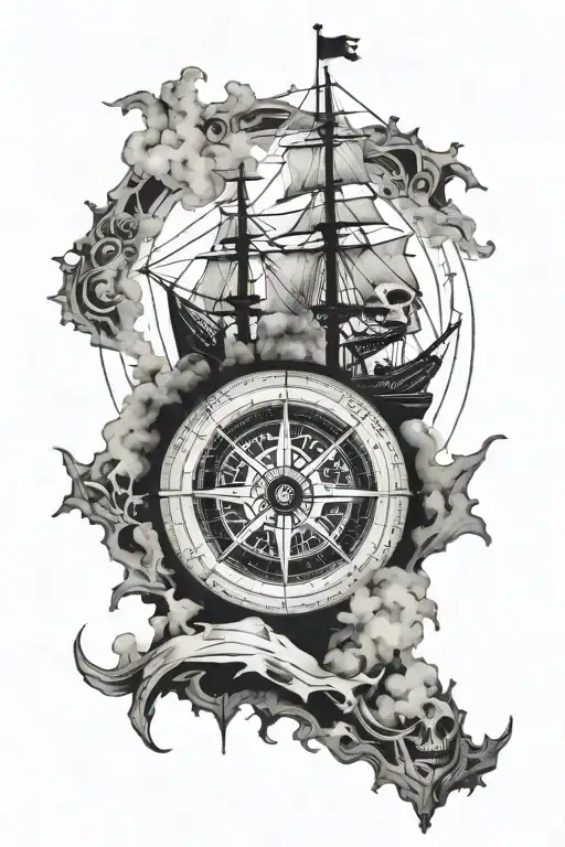futuristic North Star compass and old pirate ship  and broken skull with fog tattoo design idea