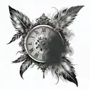 eye of a woman under it put an authintic old clock that say 12:11 and around whole design draw fallen feathers + smoke tattoo design idea