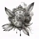 eye of a woman under it put an authintic old clock that say 12:11 and around whole design draw fallen feathers + smoke tattoo design idea