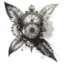 eye of a woman under it put an authintic old clock that say 12:11 and around whole design draw fallen feathers + smoke tattoo design idea