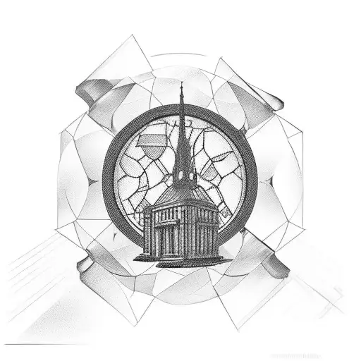 A whiskey bottle and glass with a football inside, surrounded by architectural sketches of famous buildings tattoo design idea