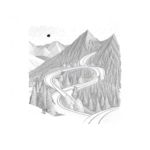 A curvy road through the mountains under a starry sky set inside a triangle shape wrapped in roses tattoo design idea