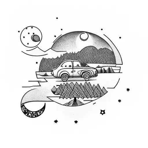 A dotwork design of a car driving up a mountain road with a moon and starry sky above tattoo design idea