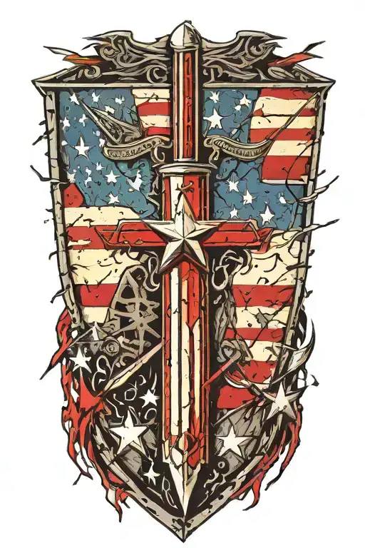 american flag texas flag war sword shield tattoo design idea