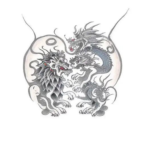 dragon and lion fighting for the moo  tattoo design idea