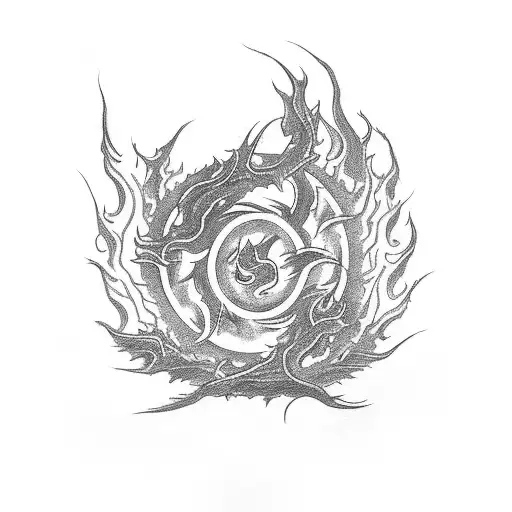 four flames surrounding a center point like the end of a dragon staff tattoo design idea