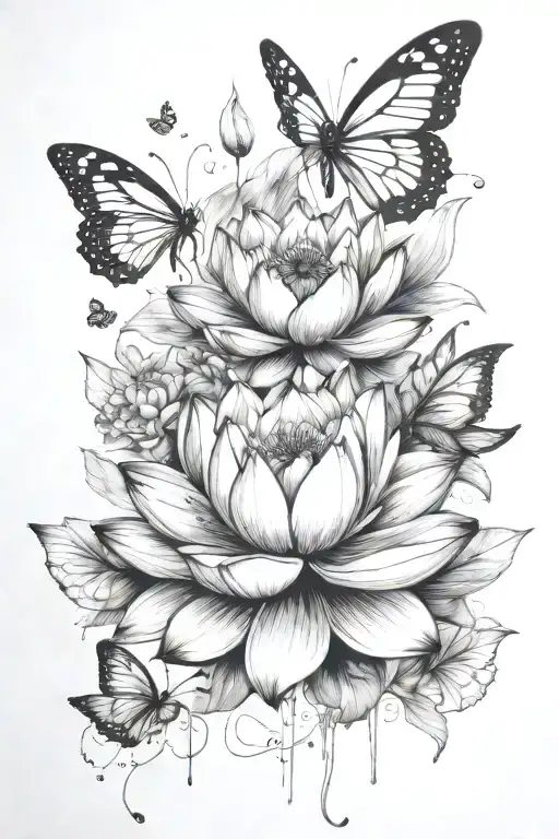 stages of a lotus bloom transitioning into butterflies scattering from the bloom in a trail tattoo design idea