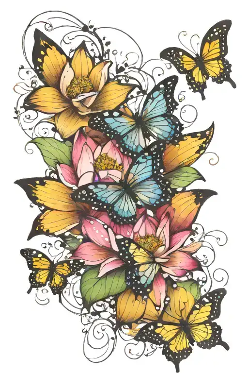 lotus flower bloom in stages transforming into a butterflies scattering in a trail tattoo design idea