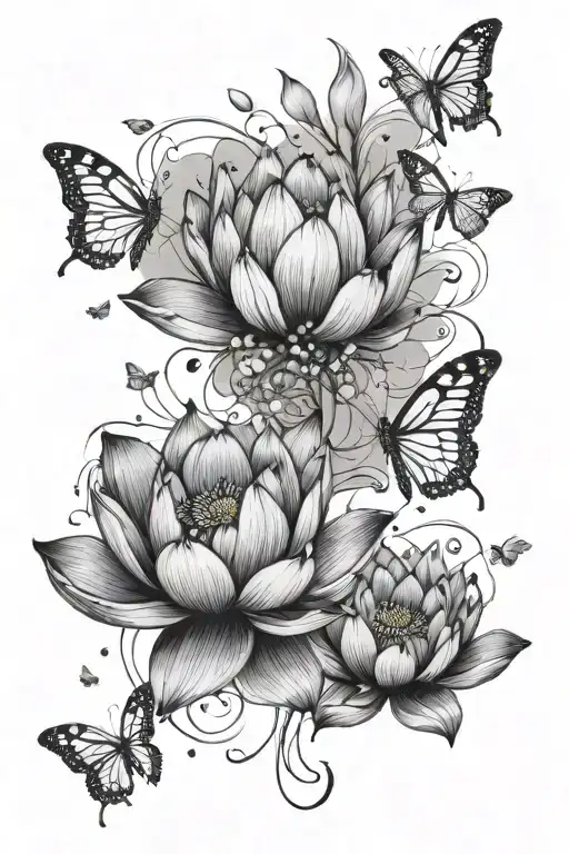 stages of a lotus bloom transitioning into butterflies scattering from the bloom in a trail tattoo design idea