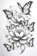 stages of a lotus bloom transitioning into butterflies scattering from the bloom in a curved trail tattoo design idea