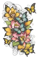 lotus flower bloom in stages transforming into a butterflies scattering in a trail tattoo design idea