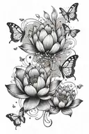 stages of a lotus bloom transitioning into butterflies scattering from the bloom in a trail tattoo design idea