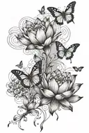 stages of a lotus bloom transitioning into butterflies scattering from the bloom in a trail tattoo design idea