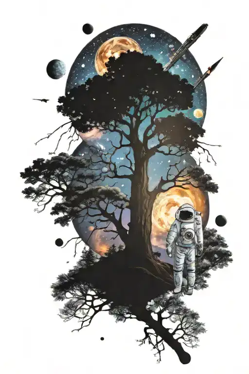 milky way with astronaut and tree with planets coming tattoo design idea