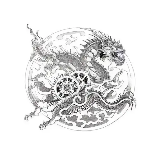 mechanical with gears and pistons leg sleeve tattoo with mechanical dragon and mechanical tiger and mechanical fudog tattoo design idea
