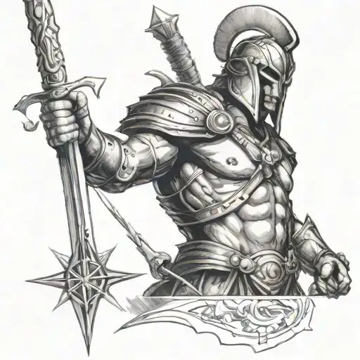 ARES with a sword, as well as a map or compass with white eyes and blood red scar tattoo design idea