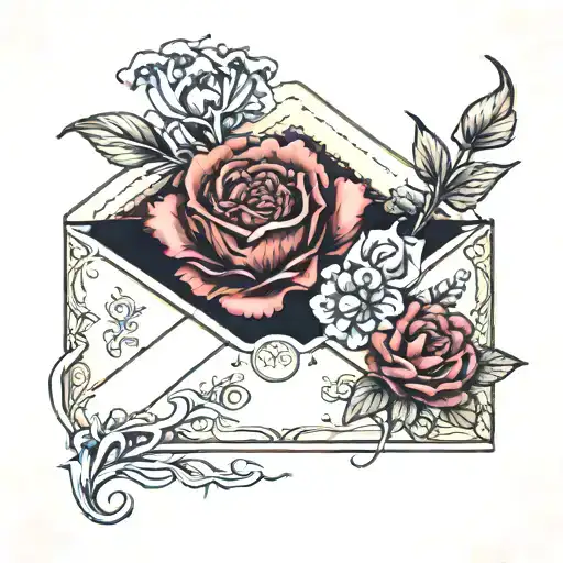 vintage envelope sealed with garnet and carnation flower tattoo design idea