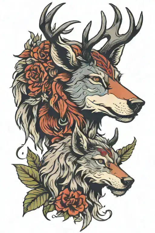 wolf ram and stag head tattoo design idea