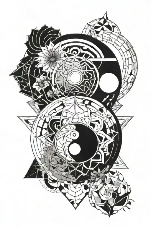 A geometric mandala design incorporating elements of yin and yang, representing balance and harmony tattoo design idea