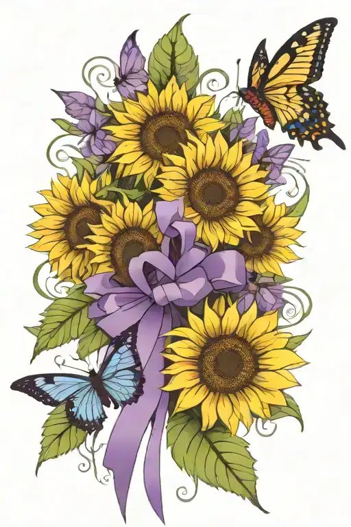 sunflowers w/purple ribbon says mind body heart soul, purple butterfly and humming bird tattoo design idea