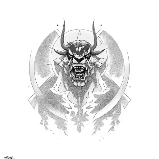 Mad bull with red eyes tattoo on chest with "est. 2003" in gothic style  tattoo design idea