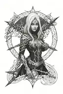 Combine the Drow Ranger character with elements of Arcana in a mystical and dark design tattoo design idea