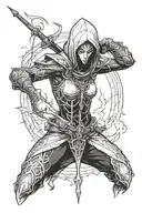 Combine the Drow Ranger character with elements of Arcana in a mystical and dark design tattoo design idea