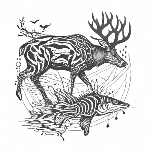 A minimalist blackwork tattoo of a deer and fish crossing paths, symbolizing the engineer's love for nature tattoo design idea