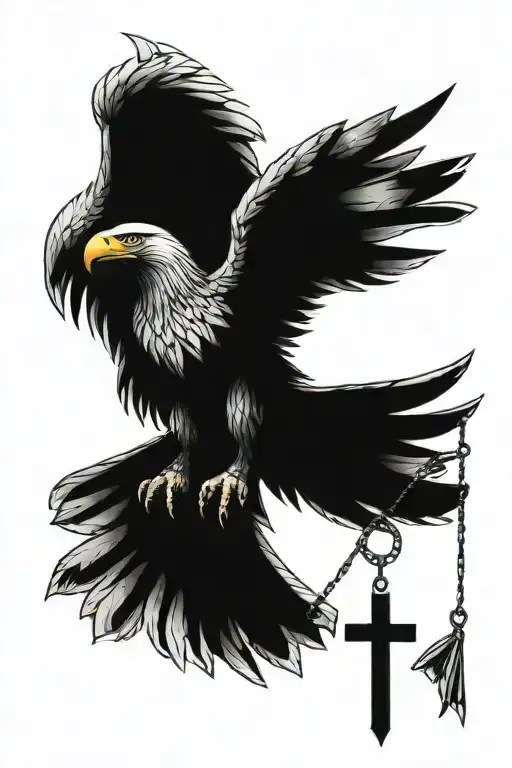 A futuristic mechanical eagle carrying a cross in its talons, with the American flag waving in the background tattoo design idea